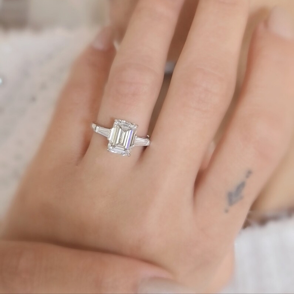 5.50 Carat Emerald & Baguette Three-Stone Moissanite Engagement Ring 14k Gold - Picture 5 of 5